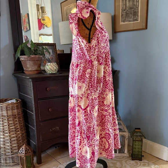 Umgee Magenta Pink Floral Print Bohemian Midi Tiered Dress - Picture 7 of 13